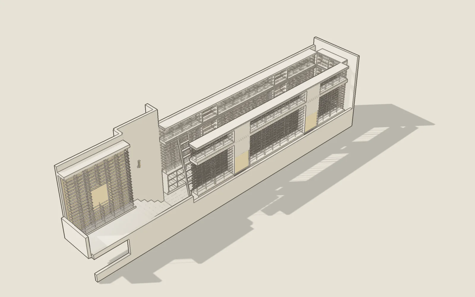 The same design resolved as precise parts: cabinets, black rods, clear cradles, counters and cornices, shown in pale grey on drawing paper.