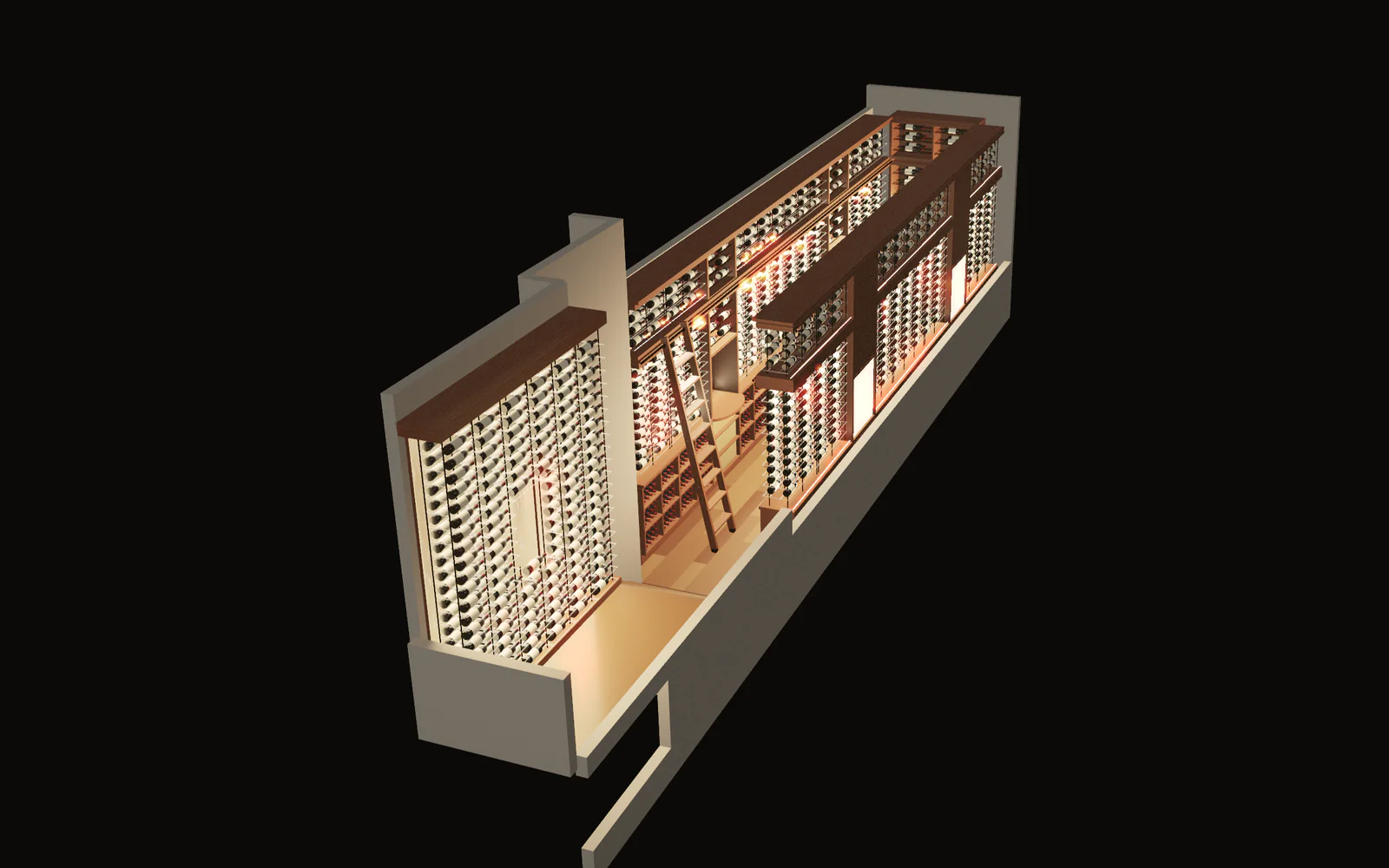 The finished design in the dark: sapele cabinetry, clear cradles and black rods lit by warm LED strips, with bottles in the racks.