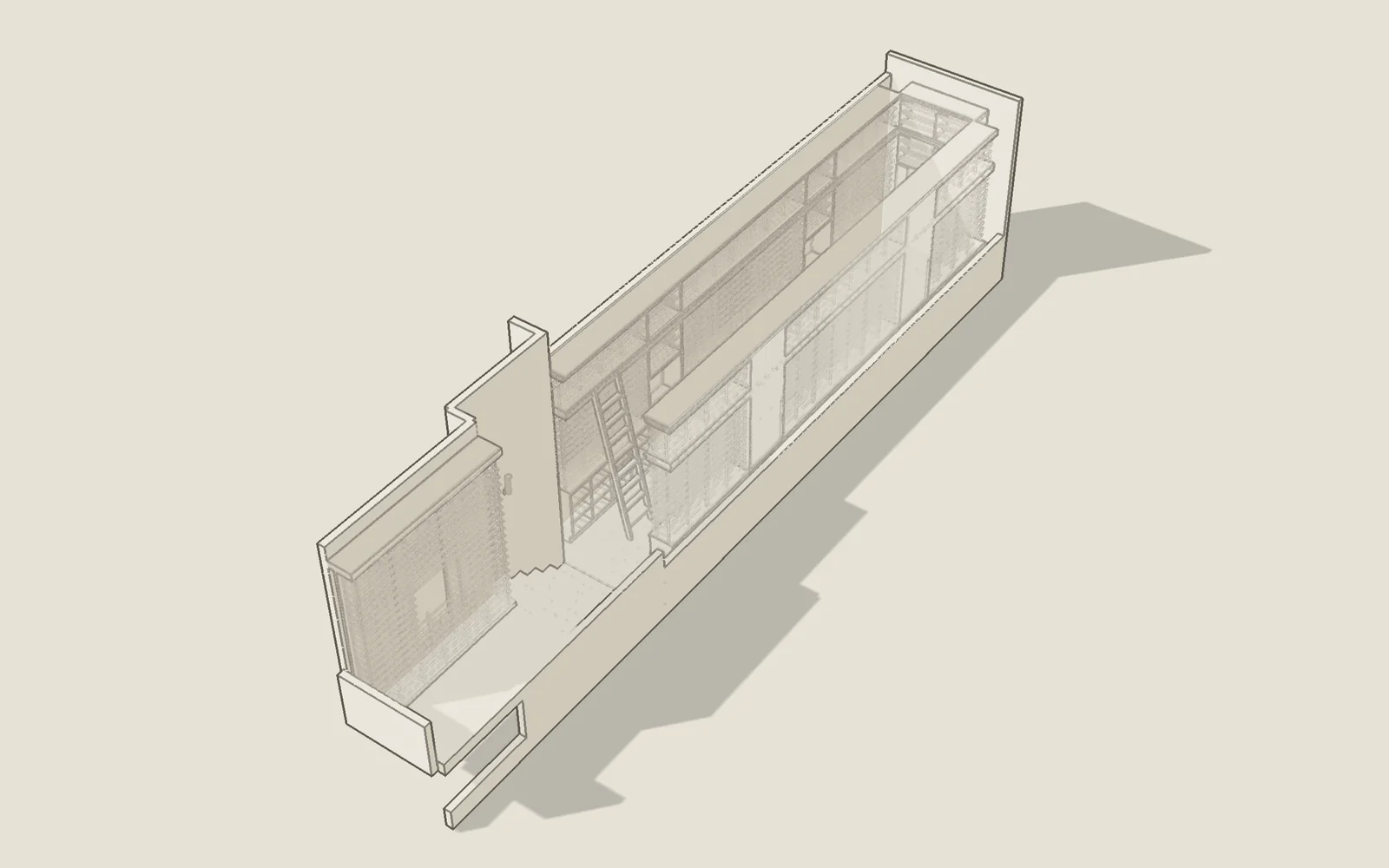 Pencil lines inside the white model: storage along both long walls, curved niches, a display wall at the back and a ladder on a rail.