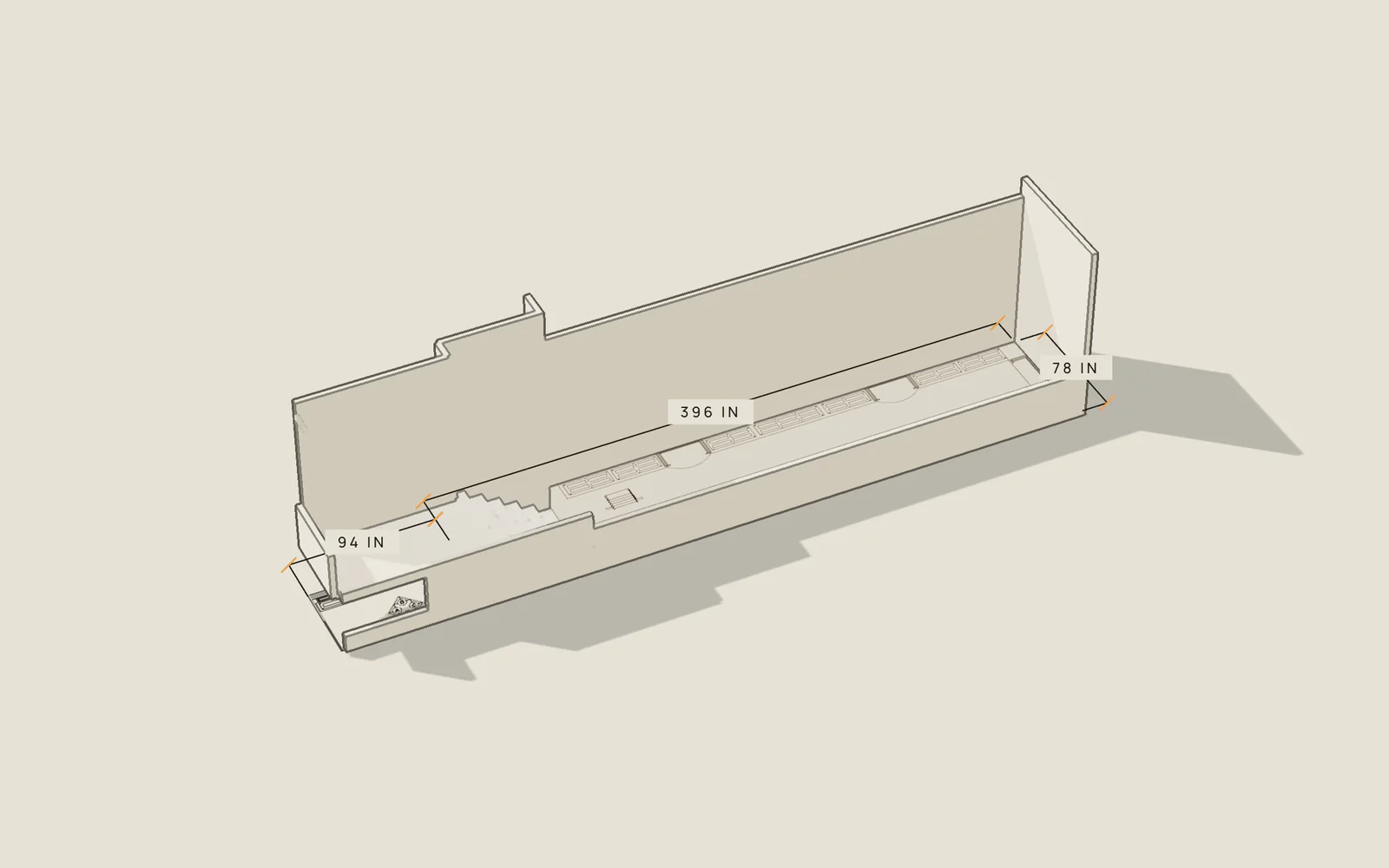 The cellar’s room as a white model on drawing paper: a long, narrow room with a raised landing and six steps down, its three plan dimensions drawn beside it.