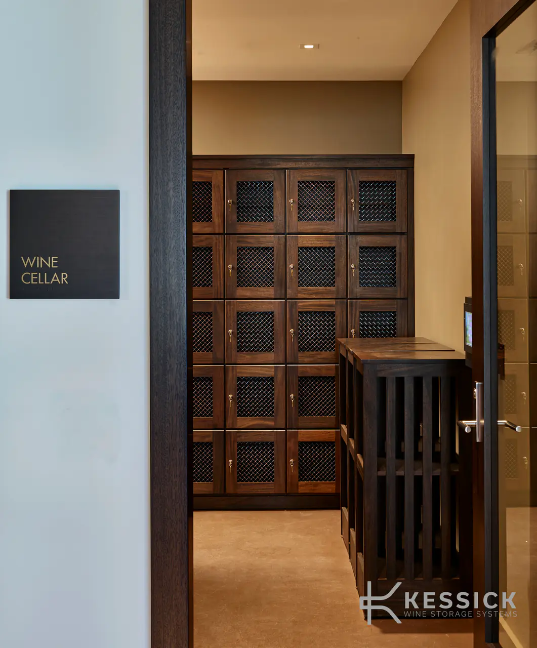 A doorway marked Wine Cellar, opening onto a room of timber lockers.