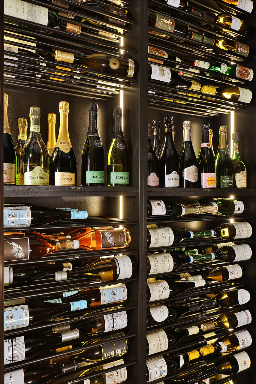 Champagne above rows of wine on dark rods, behind glass.