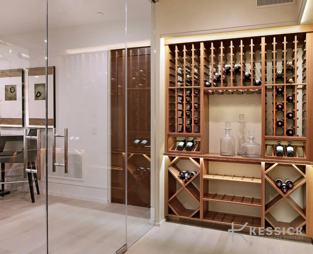 A glass door opening onto a small wine room of timber racks, a display niche and diamond bins.