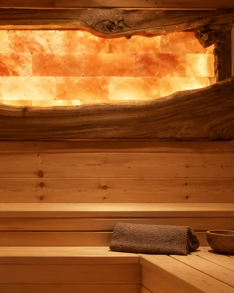 Salt blocks glowing amber behind a frame of live-edge wood, a folded towel on the bench below.