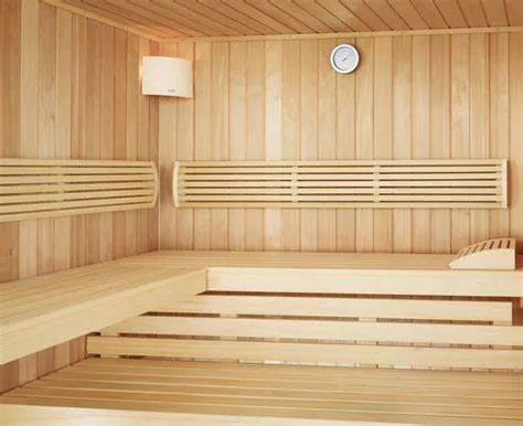 A pale timber sauna with slatted backrests along two walls, tiered benches and a round thermometer.