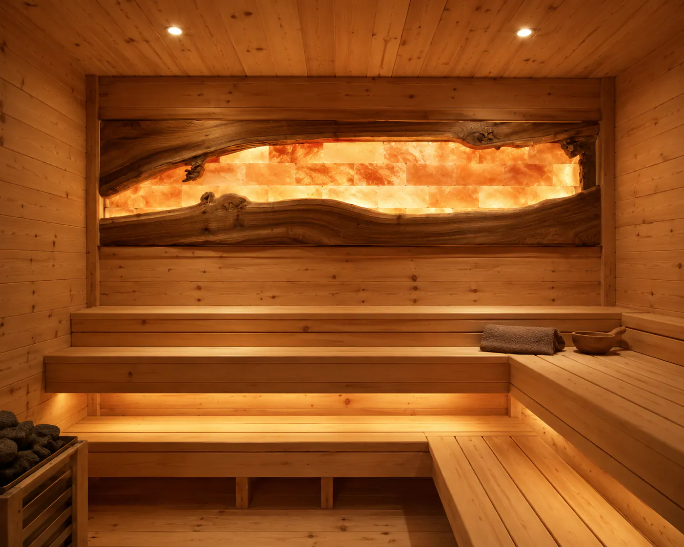 A pale timber sauna: a wall of salt blocks glowing behind a frame of live-edge wood, above two tiers of benches with warm light beneath them.